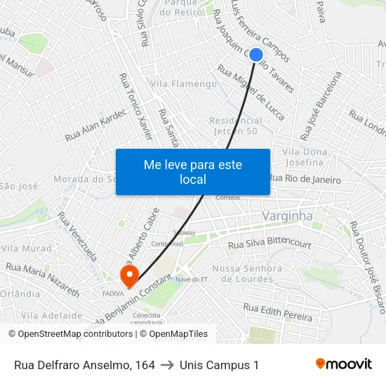 Rua Delfraro Anselmo, 164 to Unis Campus 1 map