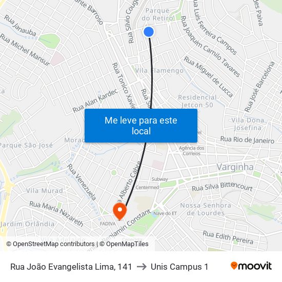 Rua João Evangelista Lima, 141 to Unis Campus 1 map