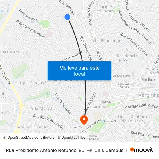 Rua Presidente Antônio Rotundo, 80 to Unis Campus 1 map