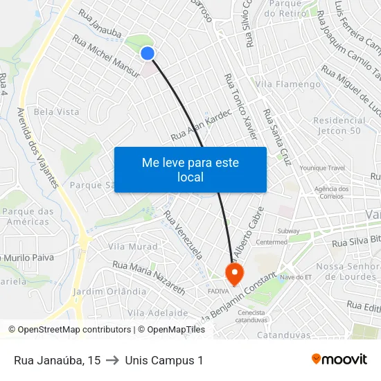 Rua Janaúba, 15 to Unis Campus 1 map
