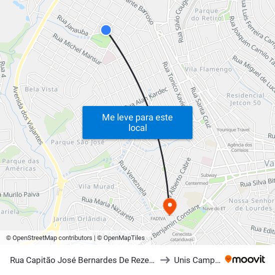 Rua Capitão José Bernardes De Rezende, 1049 to Unis Campus 1 map