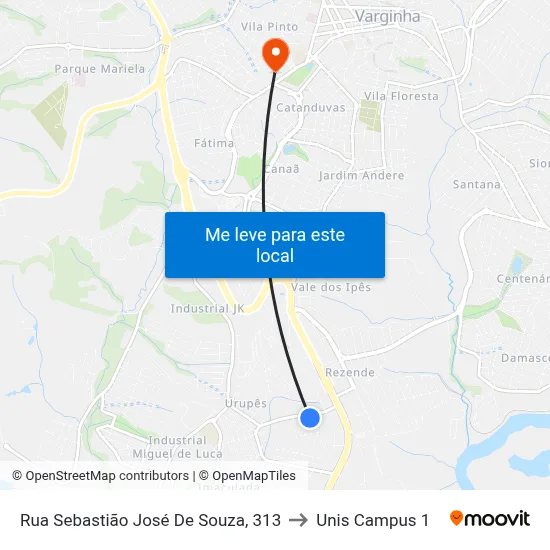 Rua Sebastião José De Souza, 313 to Unis Campus 1 map