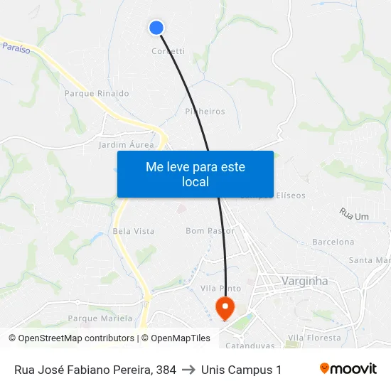 Rua José Fabiano Pereira, 384 to Unis Campus 1 map