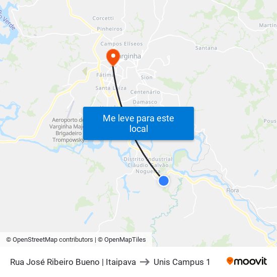 Rua José Ribeiro Bueno | Itaipava to Unis Campus 1 map