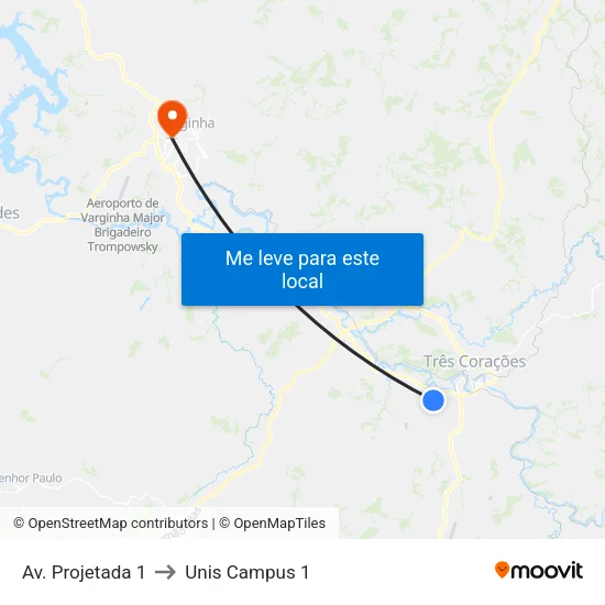 Av. Projetada 1 to Unis Campus 1 map