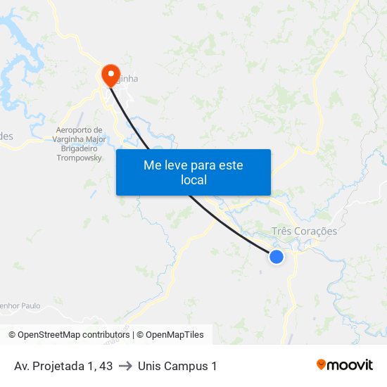 Av. Projetada 1, 43 to Unis Campus 1 map