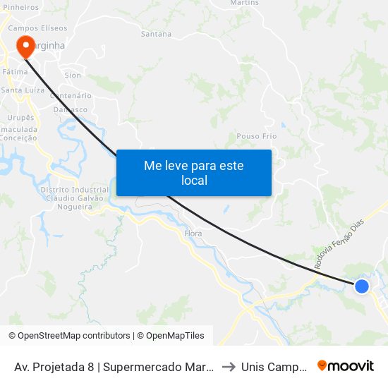 Av. Projetada 8 | Supermercado Mart Minas to Unis Campus 1 map