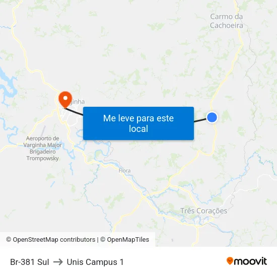 Br-381 Sul to Unis Campus 1 map