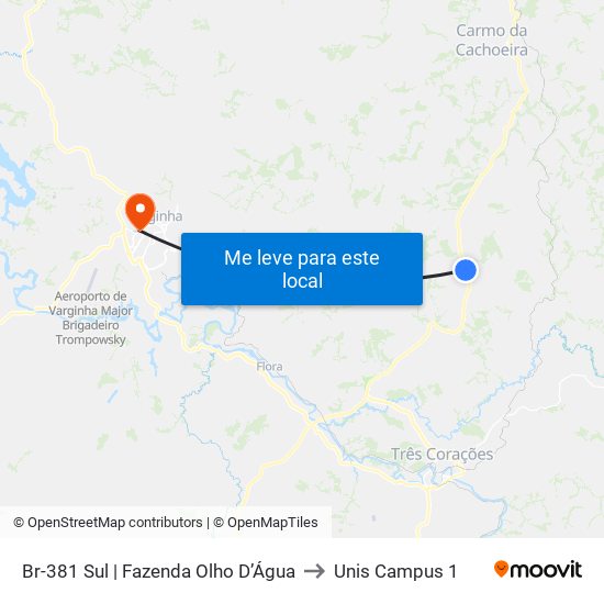 Br-381 Sul | Fazenda Olho D’Água to Unis Campus 1 map