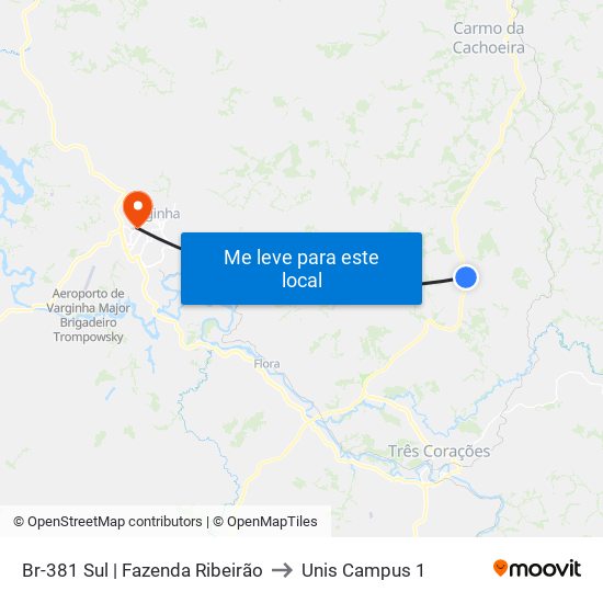 Br-381 Sul | Fazenda Ribeirão to Unis Campus 1 map
