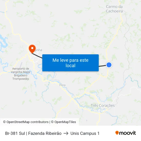 Br-381 Sul | Fazenda Ribeirão to Unis Campus 1 map