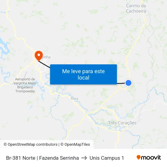 Br-381 Norte | Fazenda Serrinha to Unis Campus 1 map
