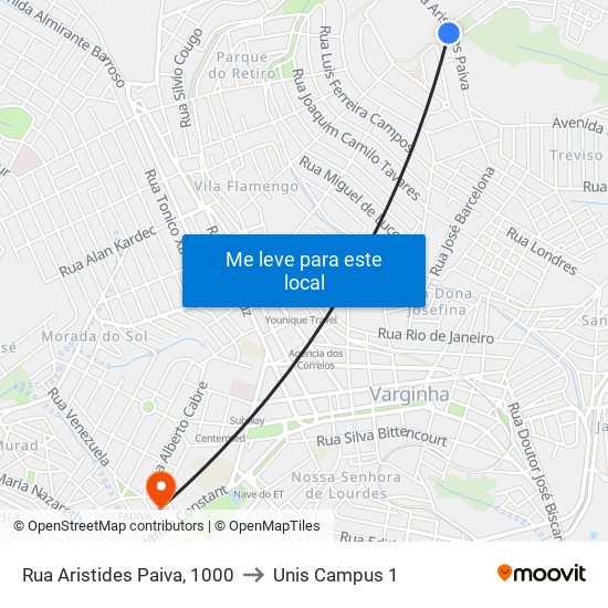 Rua Aristides Paiva, 1000 to Unis Campus 1 map