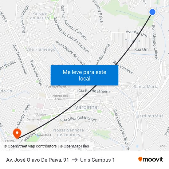 Av. José Olavo De Paiva, 91 to Unis Campus 1 map