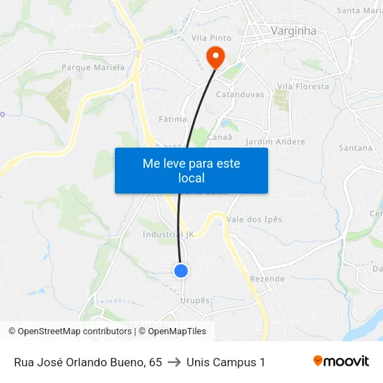 Rua José Orlando Bueno, 65 to Unis Campus 1 map