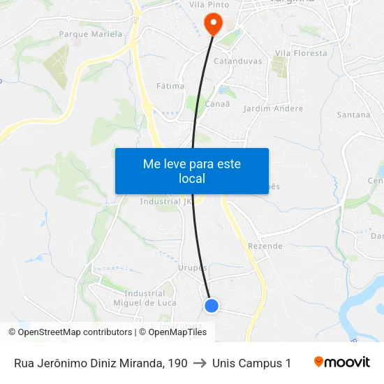 Rua Jerônimo Diniz Miranda, 190 to Unis Campus 1 map