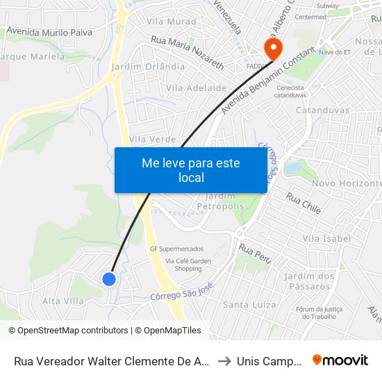 Rua Vereador Walter Clemente De Andrade to Unis Campus 1 map