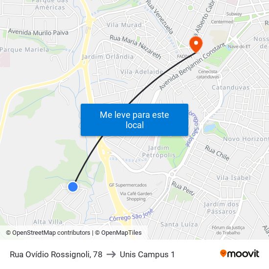 Rua Ovídio Rossignoli, 78 to Unis Campus 1 map