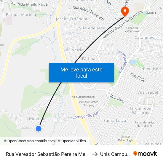 Rua Vereador Sebastião Pereira Menezes to Unis Campus 1 map
