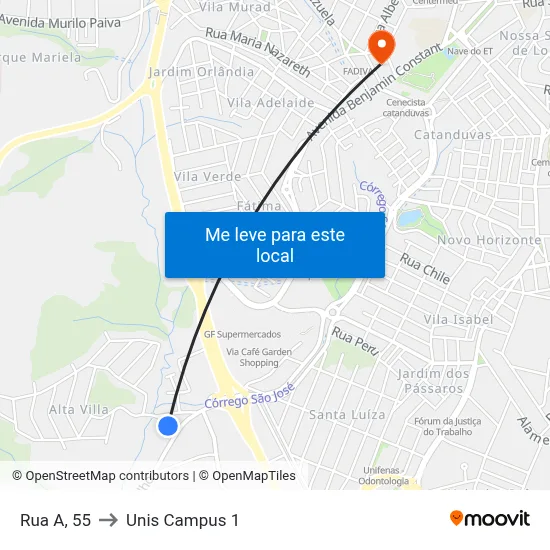 Rua A, 55 to Unis Campus 1 map