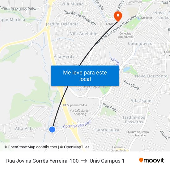 Rua Jovina Corrêa Ferreira, 100 to Unis Campus 1 map