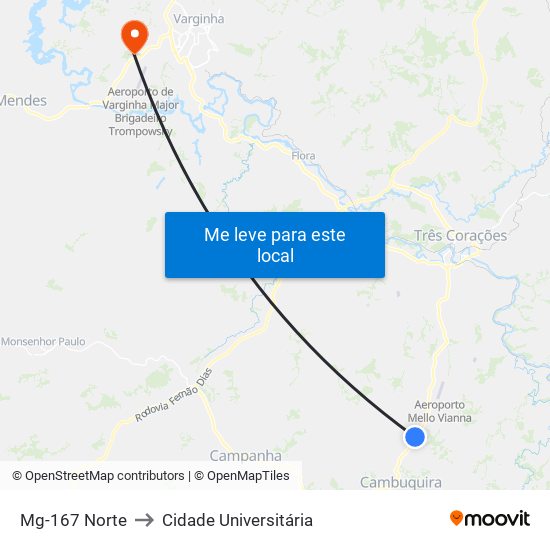 Mg-167 Norte to Cidade Universitária map