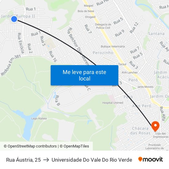 Rua Áustria, 25 to Universidade Do Vale Do Rio Verde map
