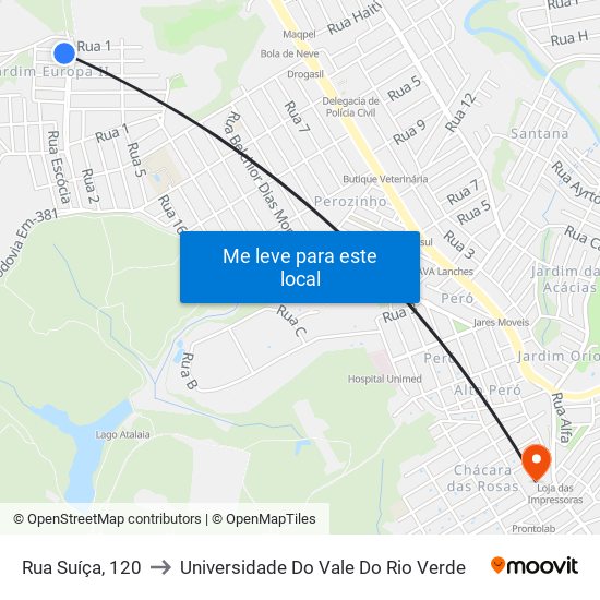 Rua Suíça, 120 to Universidade Do Vale Do Rio Verde map