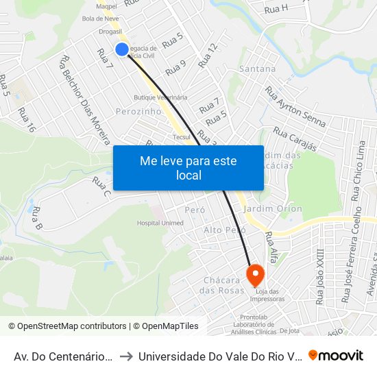 Av. Do Centenário, 45 to Universidade Do Vale Do Rio Verde map