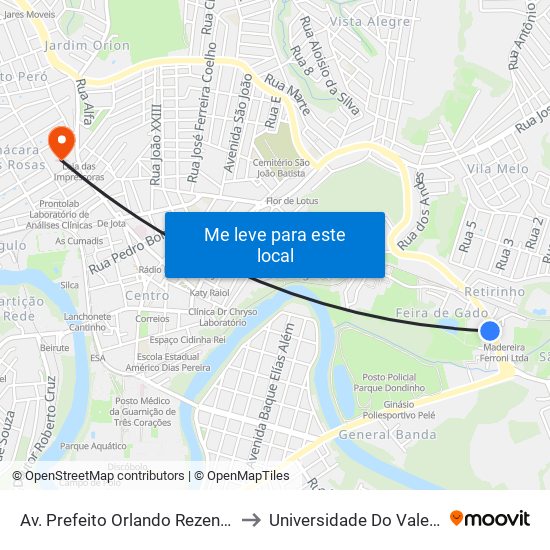 Av. Prefeito Orlando Rezende Andrade, 245 to Universidade Do Vale Do Rio Verde map
