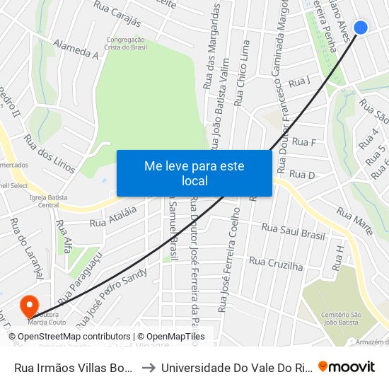 Rua Irmãos Villas Boas, 151 to Universidade Do Vale Do Rio Verde map