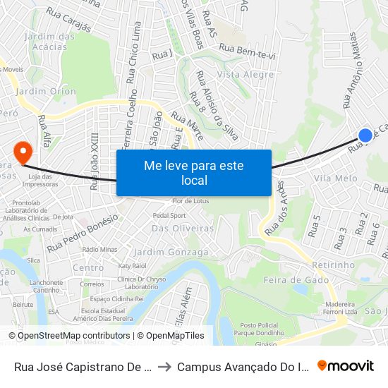Rua José Capistrano De Souza, 1225 to Campus Avançado Do Ifsuldeminas map
