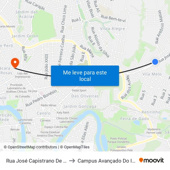 Rua José Capistrano De Souza, 1037 to Campus Avançado Do Ifsuldeminas map