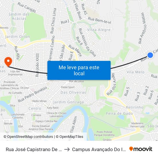 Rua José Capistrano De Souza, 1280 to Campus Avançado Do Ifsuldeminas map