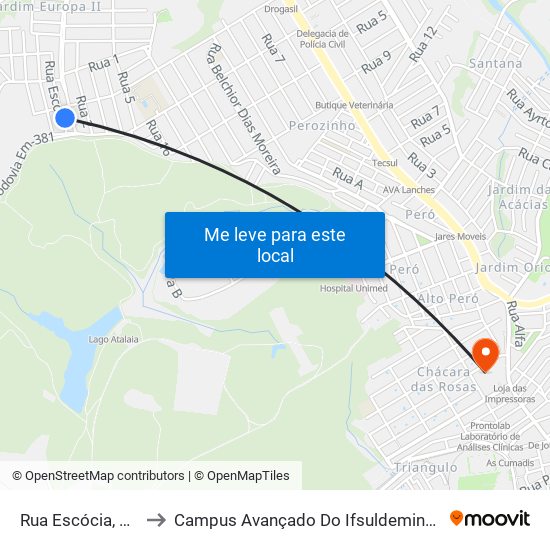 Rua Escócia, 50 to Campus Avançado Do Ifsuldeminas map