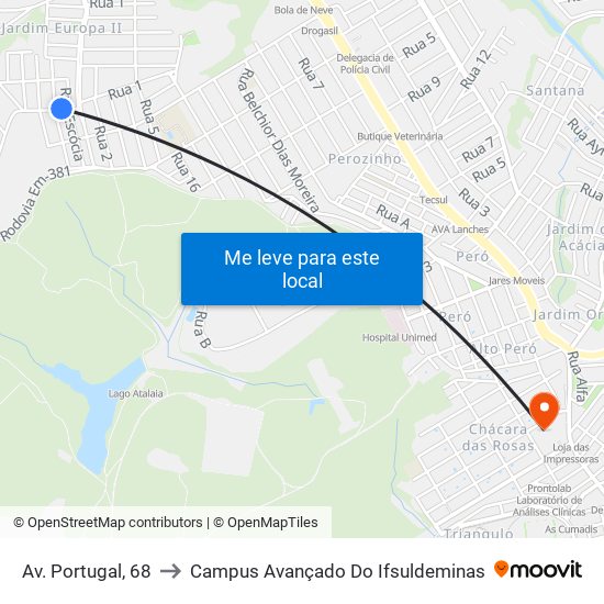 Av. Portugal, 68 to Campus Avançado Do Ifsuldeminas map