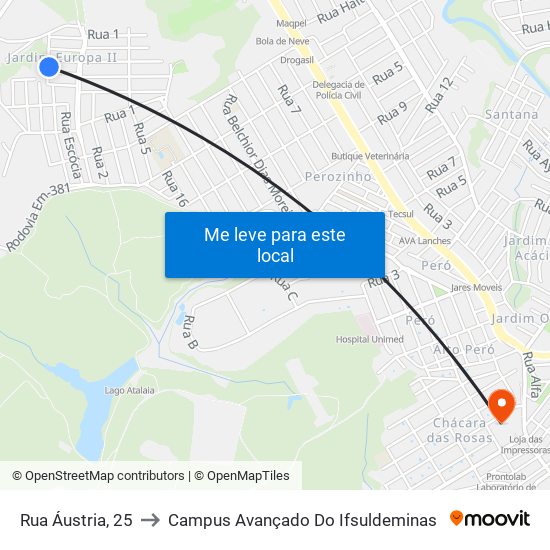 Rua Áustria, 25 to Campus Avançado Do Ifsuldeminas map