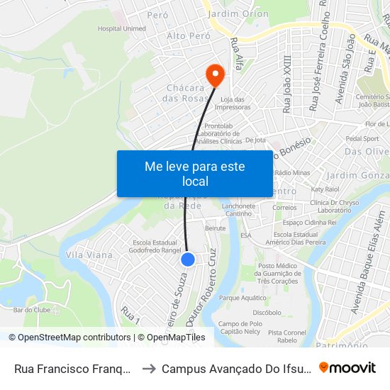Rua Francisco Franqueira, 36 to Campus Avançado Do Ifsuldeminas map