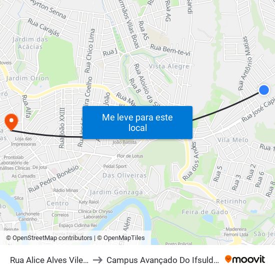 Rua Alice Alves Vilela, 90 to Campus Avançado Do Ifsuldeminas map