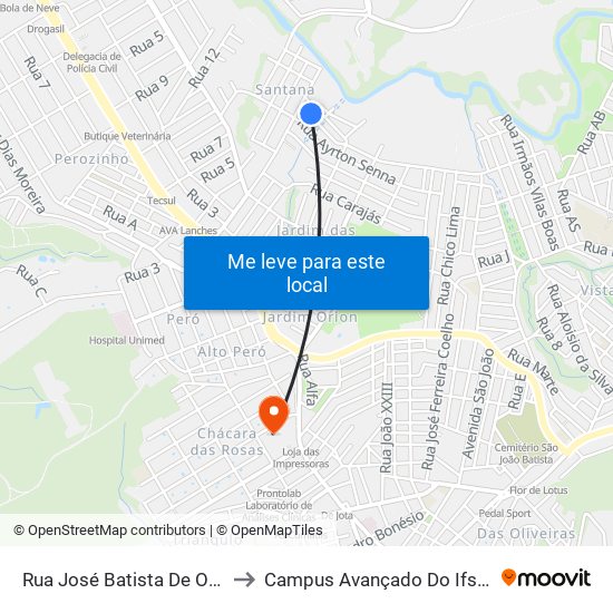 Rua José Batista De Oliveira, 65 to Campus Avançado Do Ifsuldeminas map