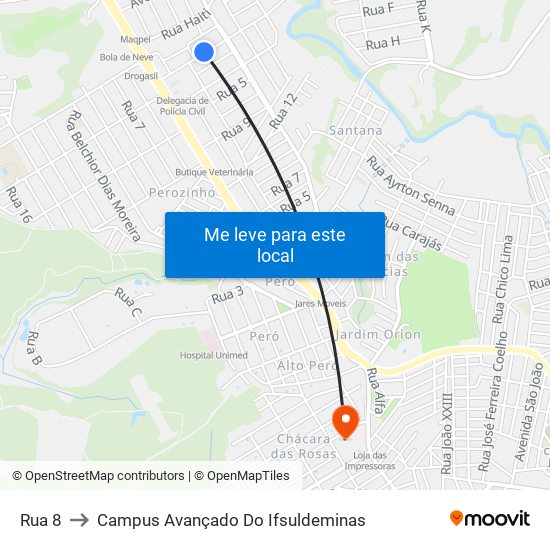 Rua 8 to Campus Avançado Do Ifsuldeminas map
