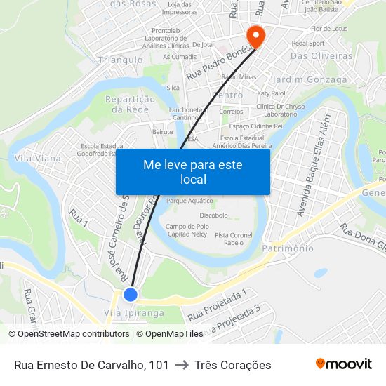 Rua Ernesto De Carvalho, 101 to Três Corações map