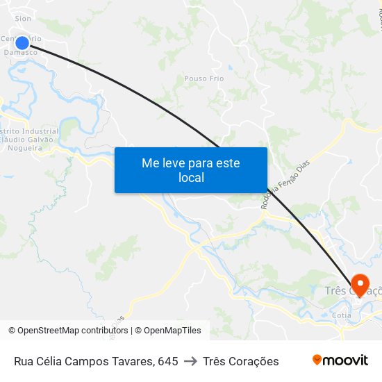 Rua Célia Campos Tavares, 645 to Três Corações map