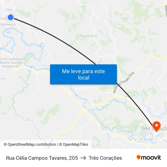 Rua Célia Campos Tavares, 205 to Três Corações map