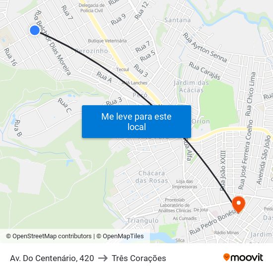 Av. Do Centenário, 420 to Três Corações map