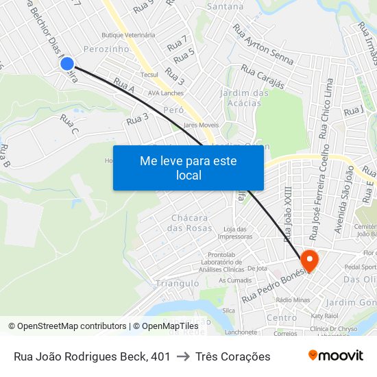 Rua João Rodrigues Beck, 401 to Três Corações map