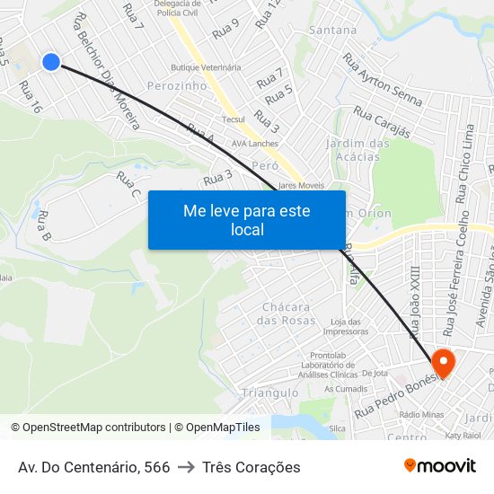 Av. Do Centenário, 566 to Três Corações map