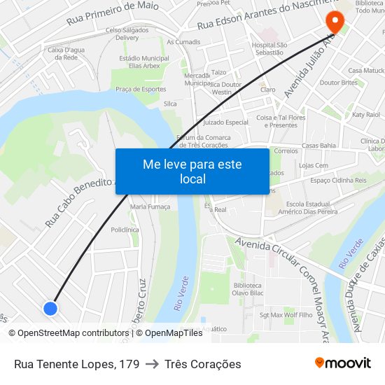 Rua Tenente Lopes, 179 to Três Corações map