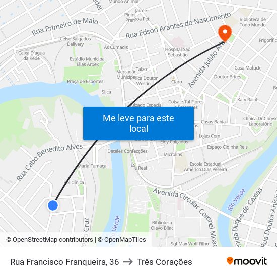 Rua Francisco Franqueira, 36 to Três Corações map