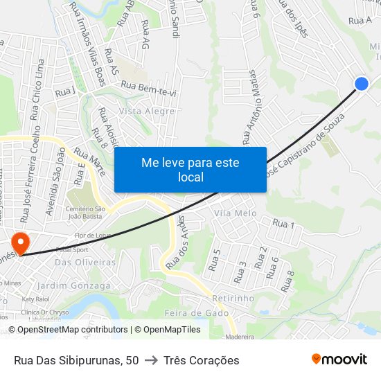 Rua Das Sibipurunas, 50 to Três Corações map
